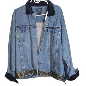 Vintage Agapo Jean Jacket Women 2X Boho Indie 90s Velour Collar/Cuffs Fancy Trim